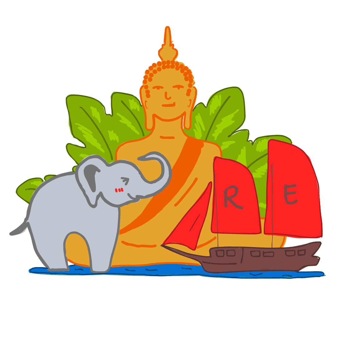 Thai illustration with Buddha statue and elephant