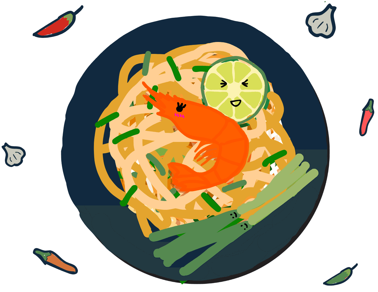 Illustrated Pad Thai with shrimp